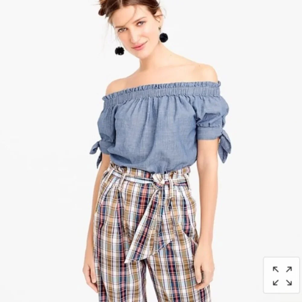 J. Crew cotton blue chambray‎ off shoulder blouse top 12